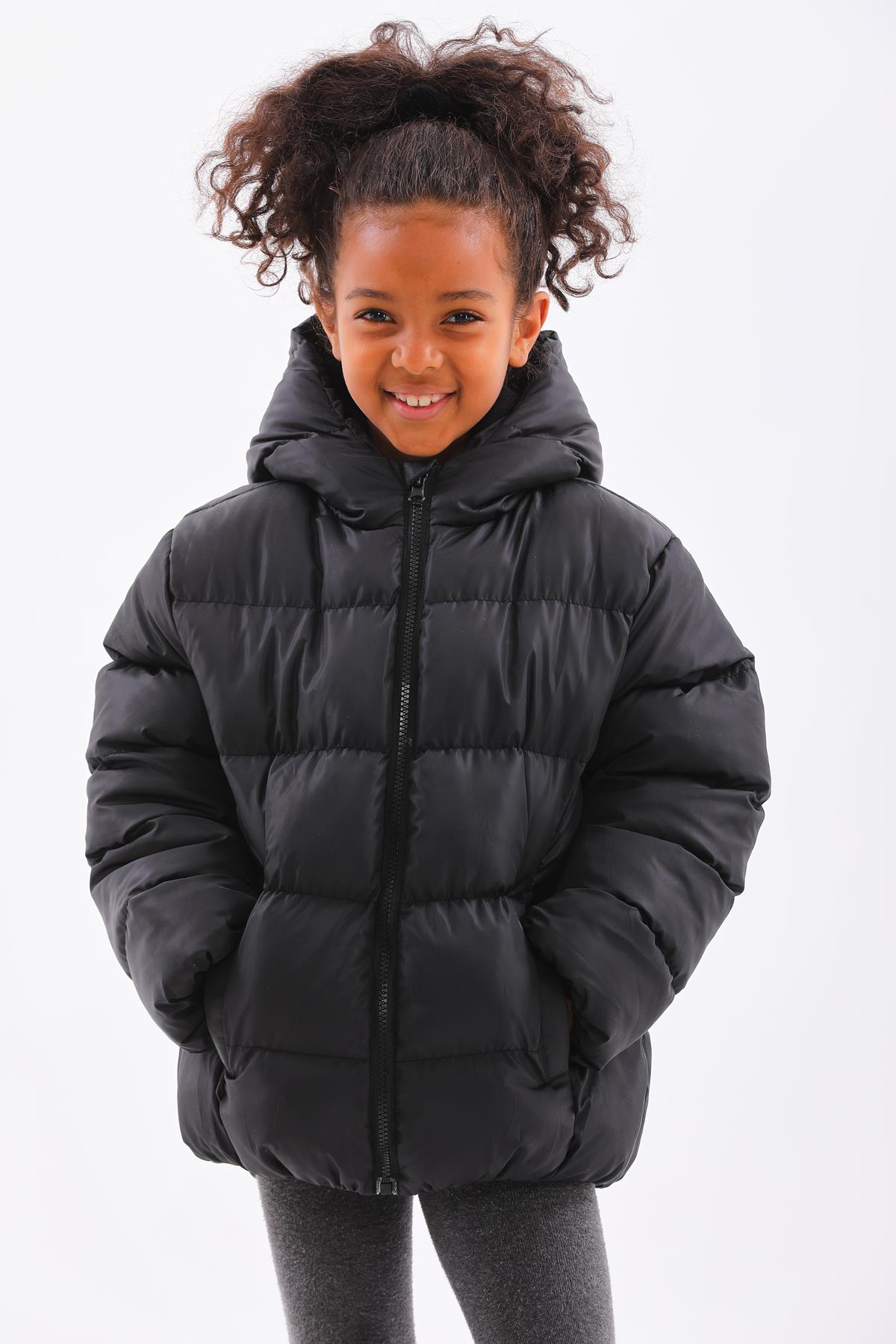 Kız Erkek Çocuk Siyah Su Geçirmez İç Polarlı Kışlık Mont DPRBC014