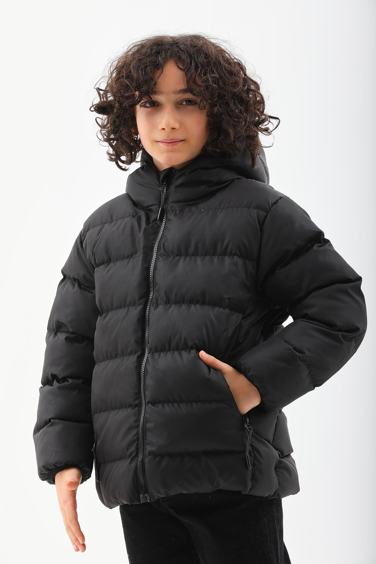 Kız Erkek Çocuk Siyah Su Geçirmez İç Polarlı Kışlık Mont DPRBC015