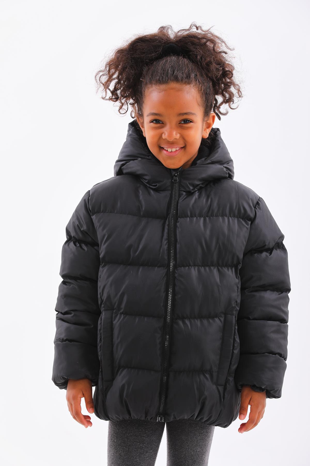 Kız Erkek Çocuk Siyah Su Geçirmez İç Polarlı Kışlık Mont DPRBC014