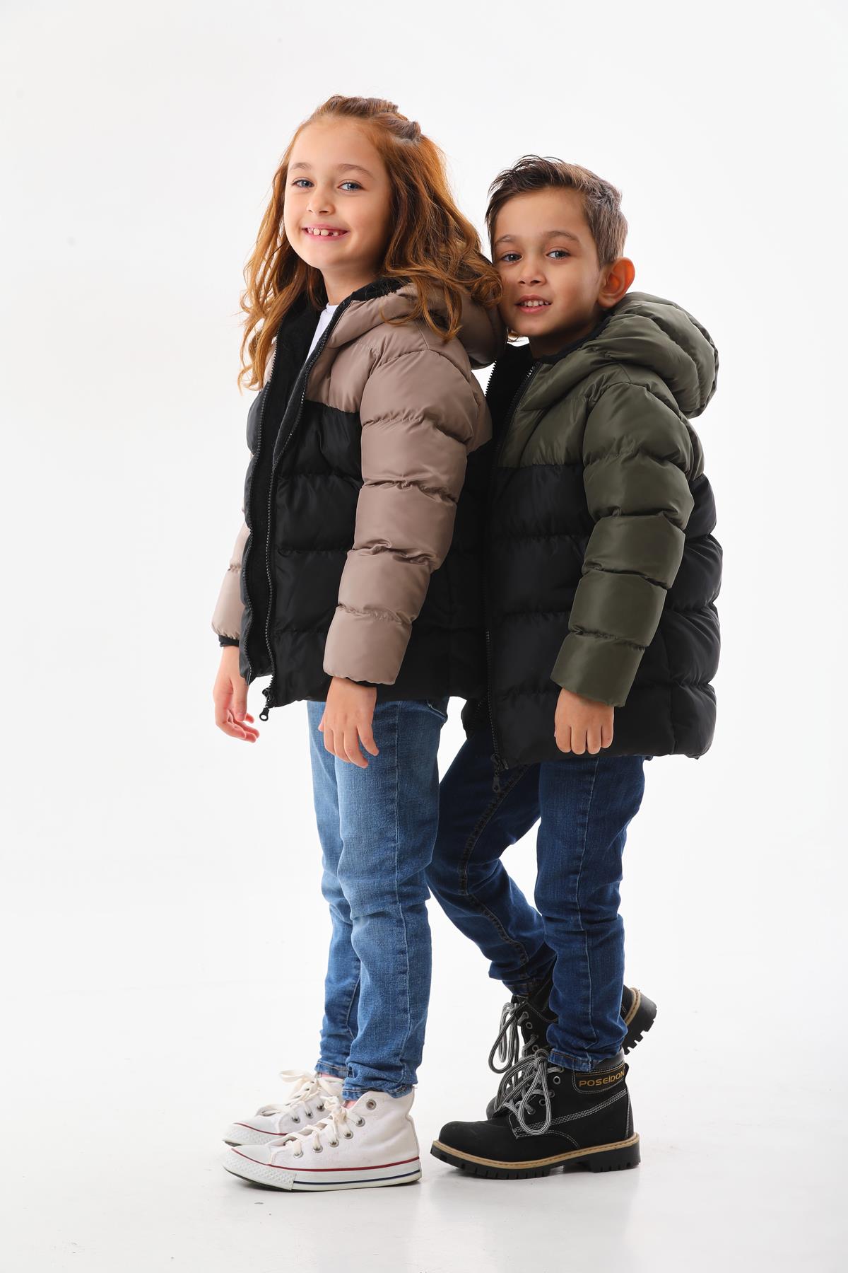 Kız Erkek Çocuk Taş Rengi Robalı Su Geçirmez İç Polarlı Mont DPRBC012