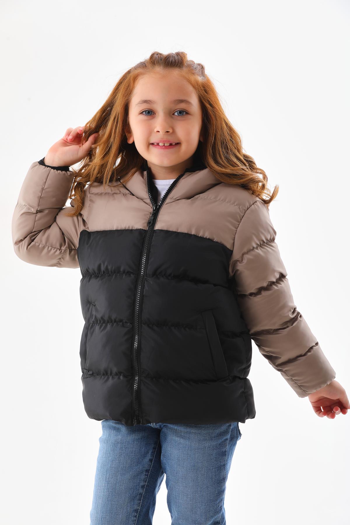 Kız Erkek Çocuk Taş Rengi Robalı Su Geçirmez İç Polarlı Mont DPRBC012