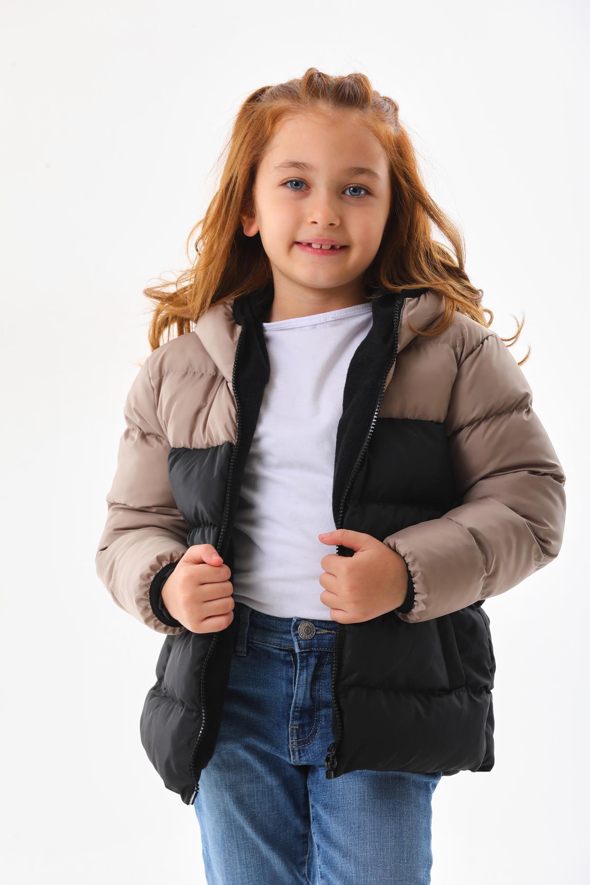 Kız Erkek Çocuk Taş Rengi Robalı Su Geçirmez İç Polarlı Mont DPRBC012