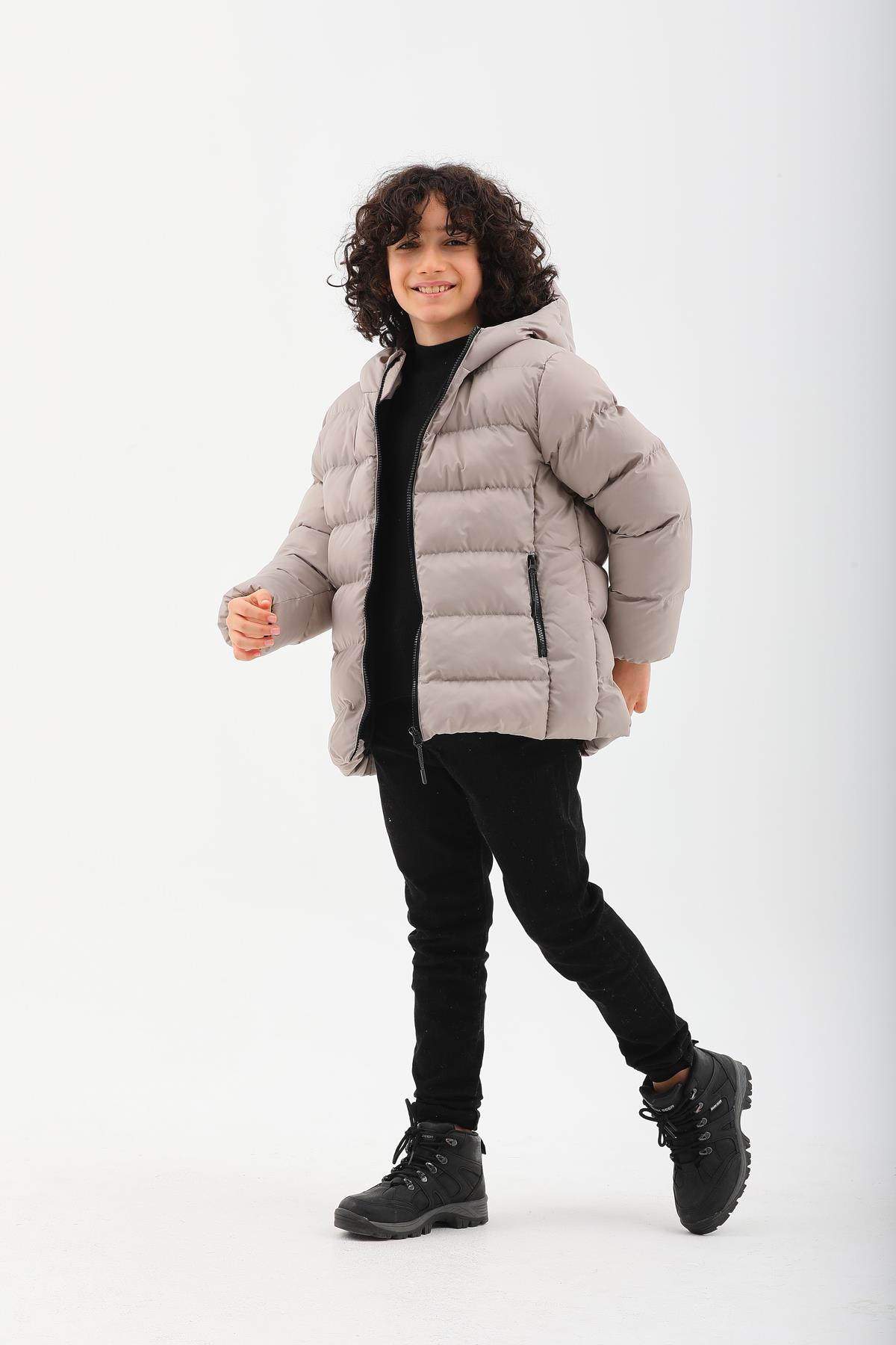 Kız Erkek Çocuk Taş Rengi Su Geçirmez İç Polarlı Kışlık Mont DPRBC015