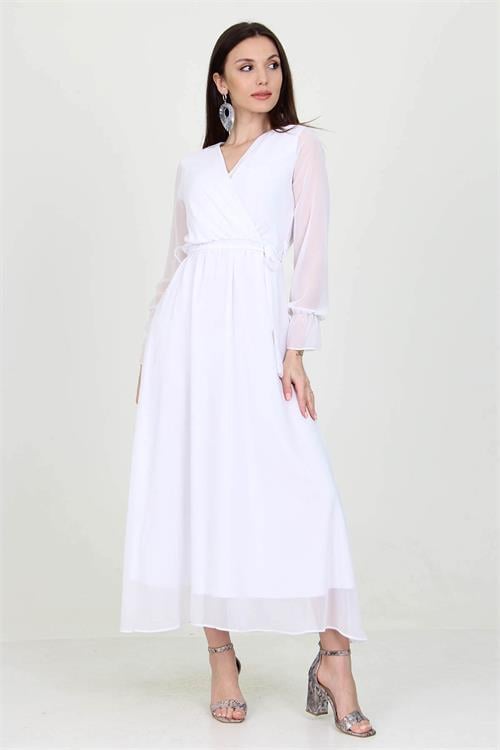 Neşeli Butik Kadın Beyaz Yeni Sezon Astarlı Kruvaze Yaka Uzun Şifon Elbise NB003 