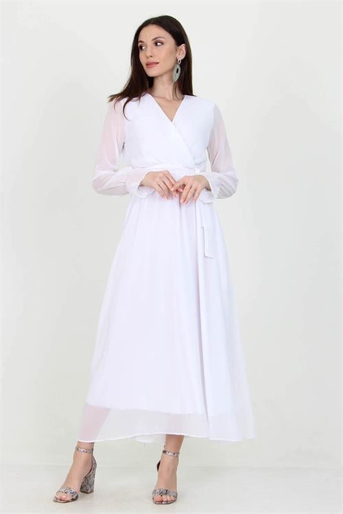 Neşeli Butik Kadın Beyaz Yeni Sezon Astarlı Kruvaze Yaka Uzun Şifon Elbise NB003 