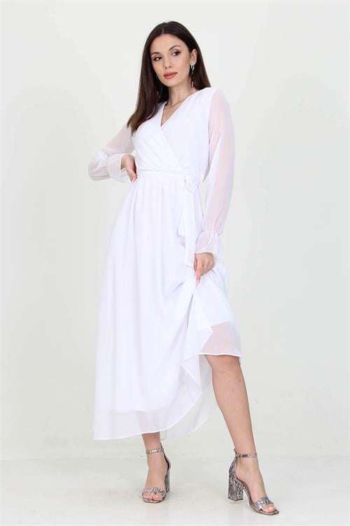 Neşeli Butik Kadın Beyaz Yeni Sezon Astarlı Kruvaze Yaka Uzun Şifon Elbise NB003 