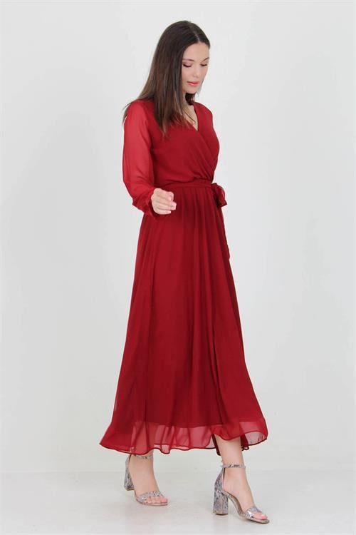 Neşeli Butik Kadın Bordo Yeni Sezon Astarlı Kruvaze Yaka Uzun Şifon Elbise NB003 