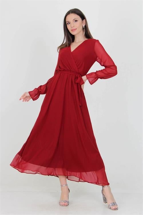 Neşeli Butik Kadın Bordo Yeni Sezon Astarlı Kruvaze Yaka Uzun Şifon Elbise NB003 