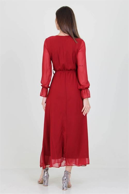 Neşeli Butik Kadın Bordo Yeni Sezon Astarlı Kruvaze Yaka Uzun Şifon Elbise NB003 