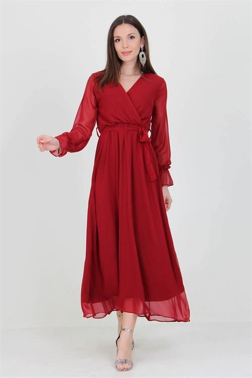 Neşeli Butik Kadın Bordo Yeni Sezon Astarlı Kruvaze Yaka Uzun Şifon Elbise NB003 