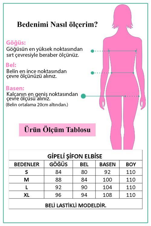 Neşeli Butik Kadın Indigo Kemerli Omuzları Gipeli Desenli Şifon Elbise APCX04 