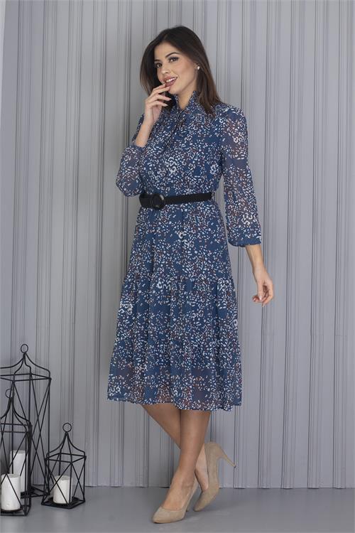 Neşeli Butik Kadın Indigo Kemerli Omuzları Gipeli Desenli Şifon Elbise APCX04 