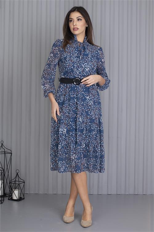 Neşeli Butik Kadın Indigo Kemerli Omuzları Gipeli Desenli Şifon Elbise APCX04 