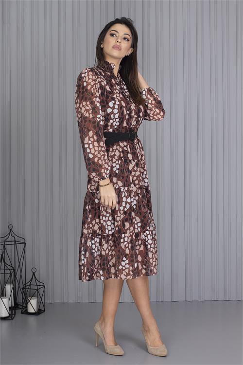 Neşeli Butik Kadın Kahverengi Kemerli Leopar Desenli Şifon Elbise Apcx04 