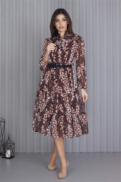 Neşeli Butik Kadın Kahverengi Kemerli Leopar Desenli Şifon Elbise Apcx04 