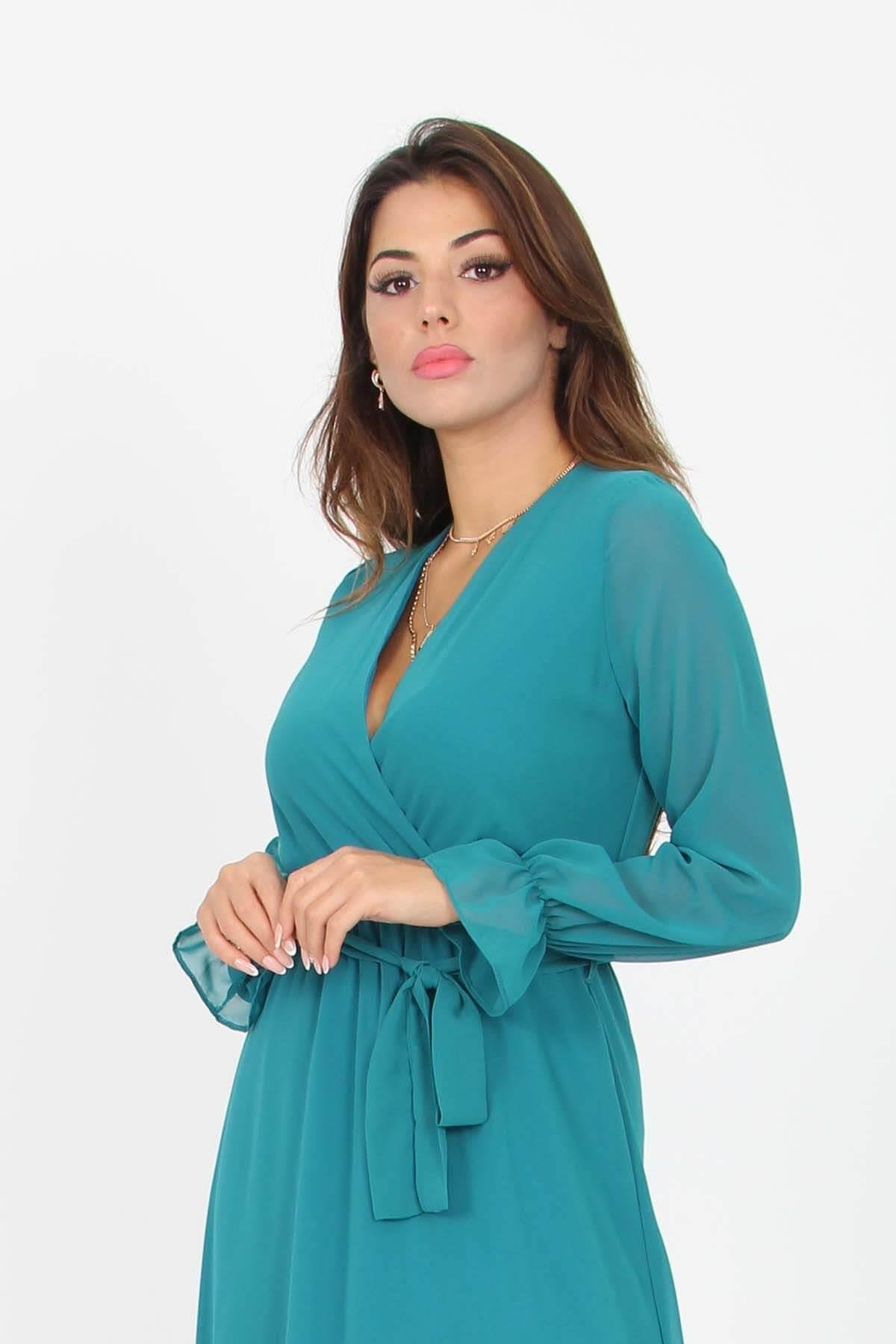 Neşeli Butik Kadın Kruvaze Yaka Bağlama Detaylı Yeni Sezon Uzun Şifon Elbise KTS003 