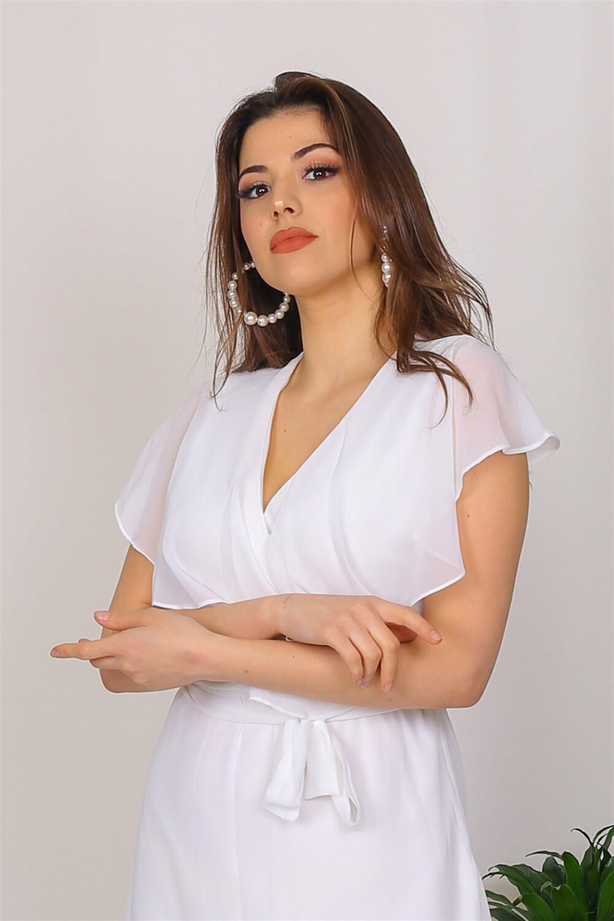 Neşeli Butik Kadın Kruvaze Yaka Bağlama Detaylı Yeni Sezon Uzun Şifon Elbise KTS001 