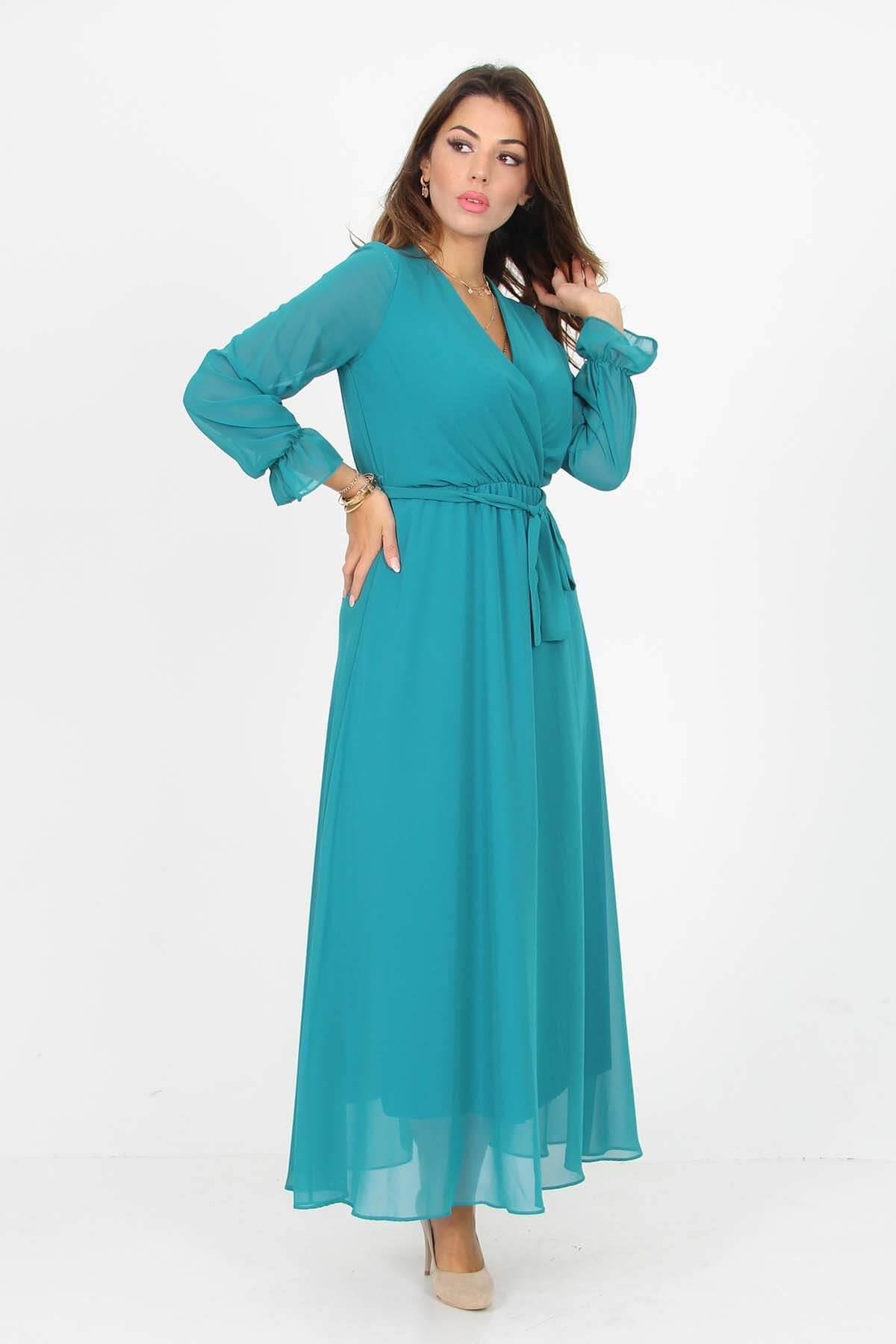 Neşeli Butik Kadın Kruvaze Yaka Bağlama Detaylı Yeni Sezon Uzun Şifon Elbise KTS003 