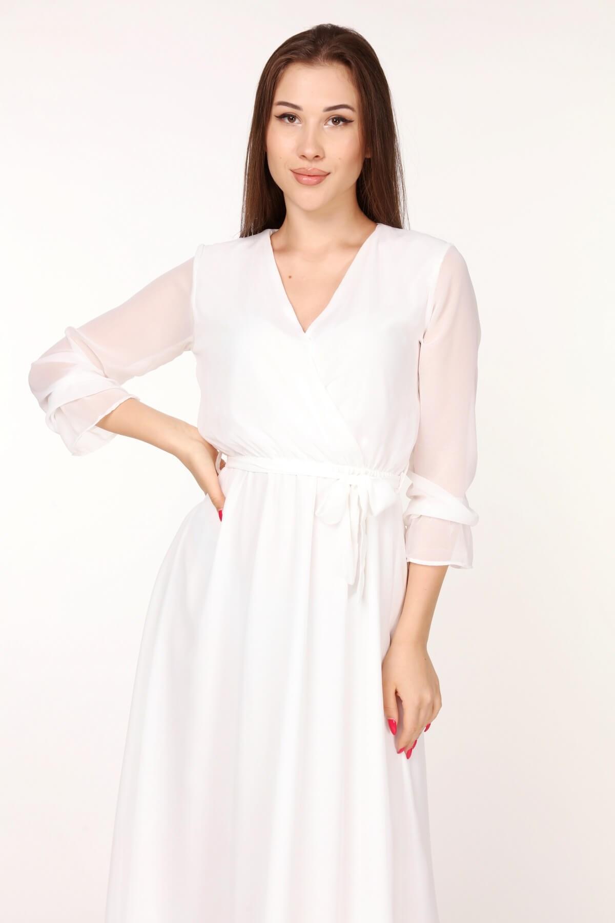 Neşeli Butik Kadın Kruvaze Yaka Bağlama Detaylı Yeni Sezon Uzun Şifon Elbise KTS003 