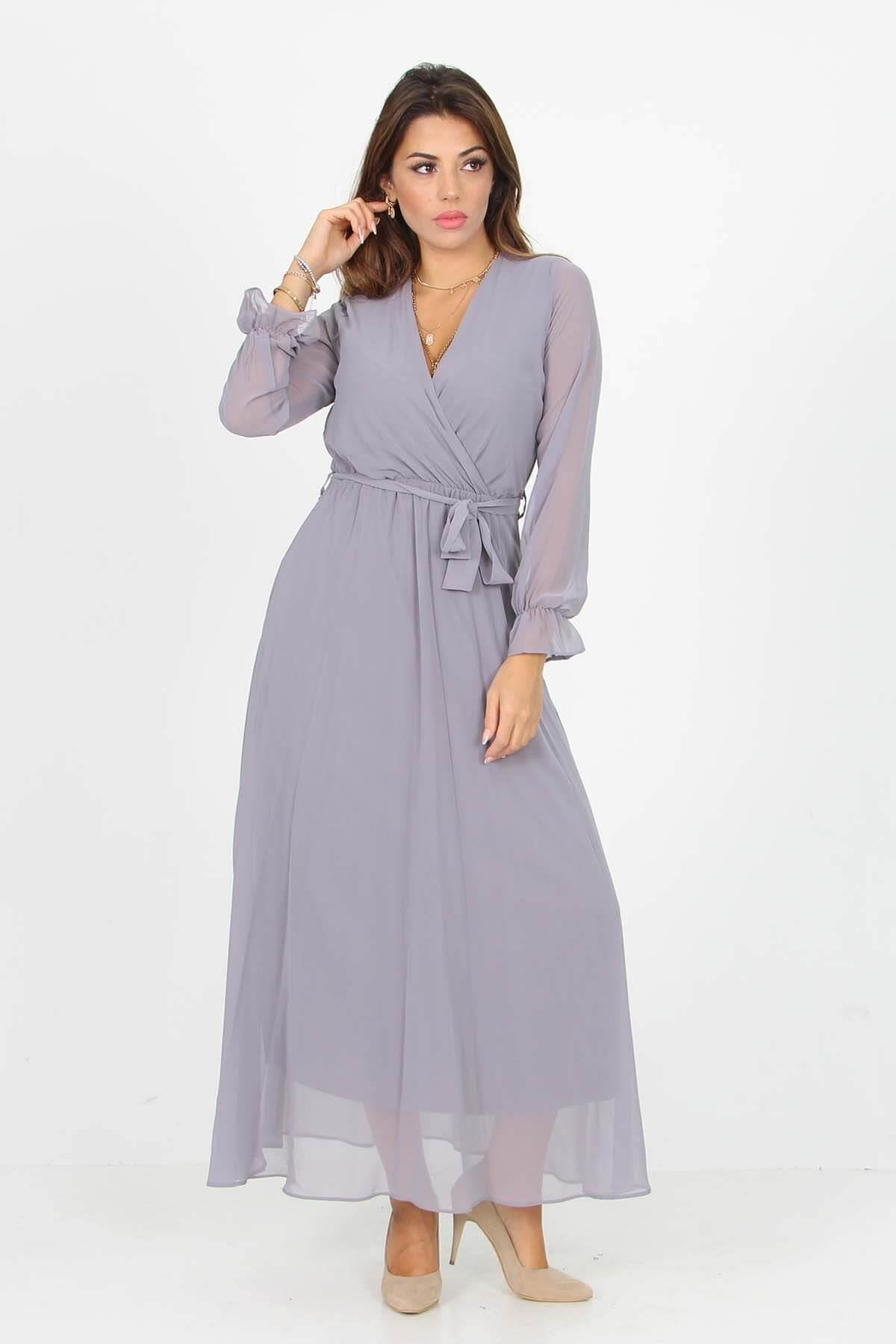 Neşeli Butik Kadın Kruvaze Yaka Bağlama Detaylı Yeni Sezon Uzun Şifon Elbise KTS003 