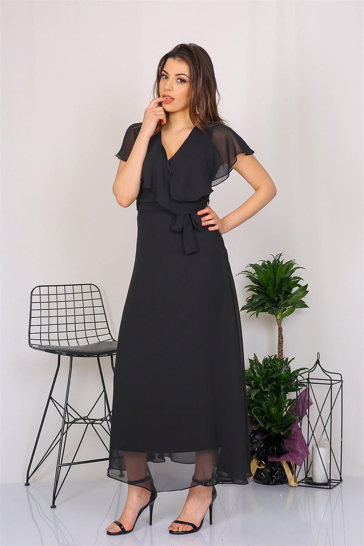 Neşeli Butik Kadın Kruvaze Yaka Bağlama Detaylı Yeni Sezon Uzun Şifon Elbise KTS001 