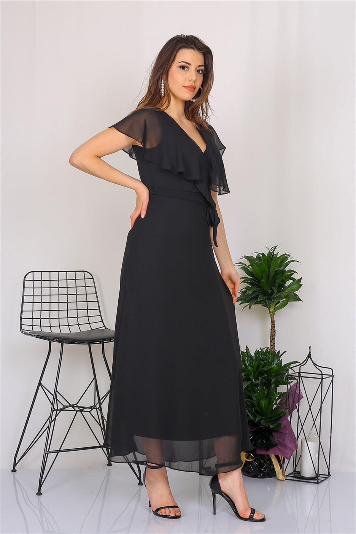Neşeli Butik Kadın Kruvaze Yaka Bağlama Detaylı Yeni Sezon Uzun Şifon Elbise KTS001 