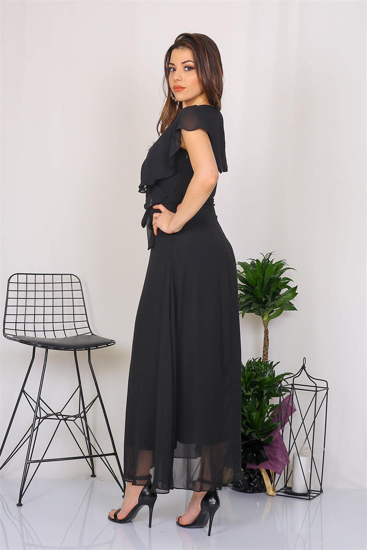 Neşeli Butik Kadın Kruvaze Yaka Bağlama Detaylı Yeni Sezon Uzun Şifon Elbise KTS001 