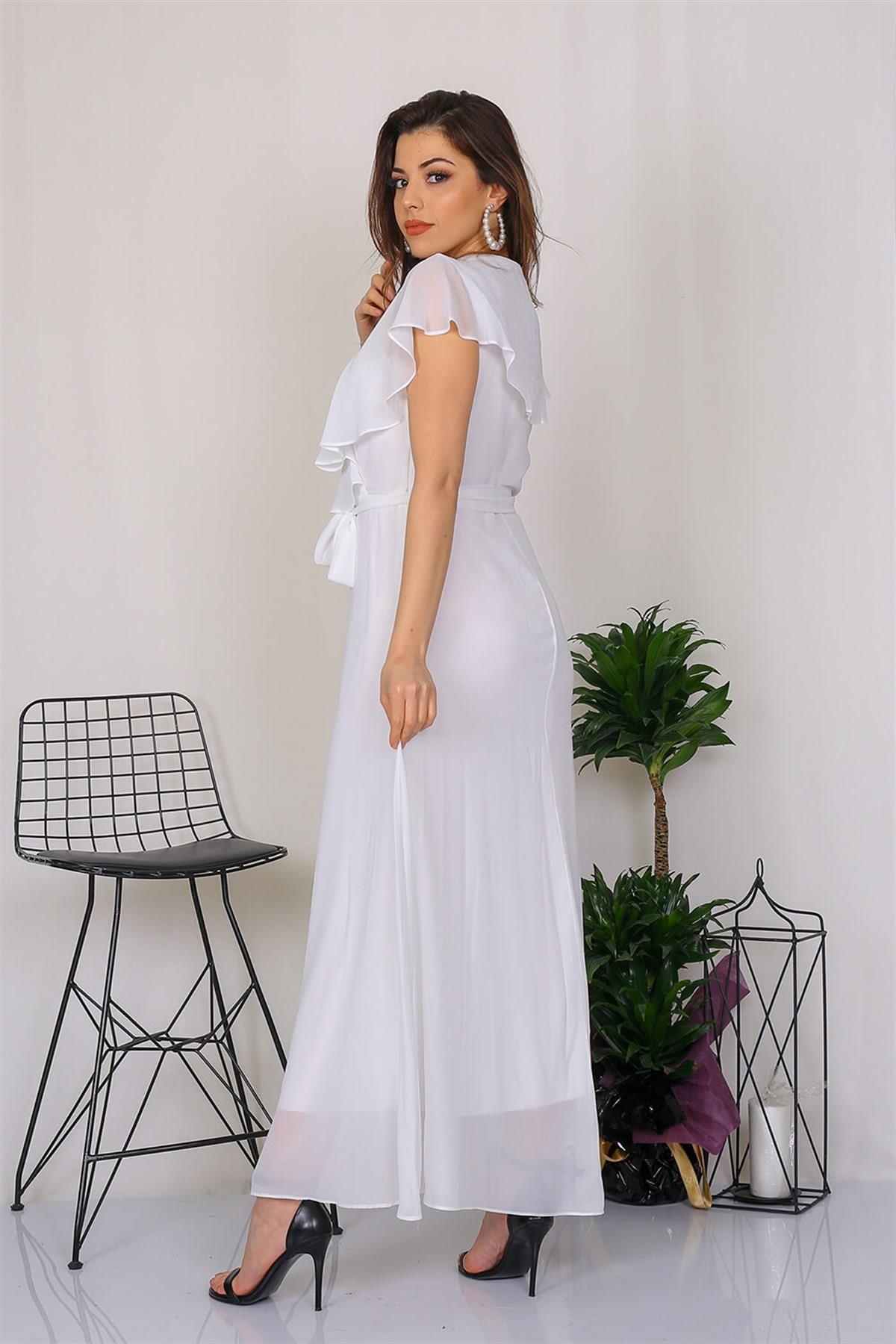 Neşeli Butik Kadın Kruvaze Yaka Bağlama Detaylı Yeni Sezon Uzun Şifon Elbise KTS001 