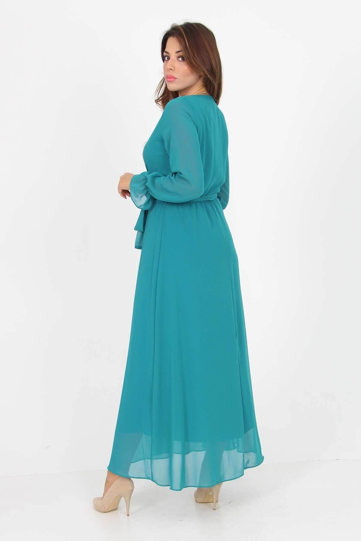 Neşeli Butik Kadın Kruvaze Yaka Bağlama Detaylı Yeni Sezon Uzun Şifon Elbise KTS003 