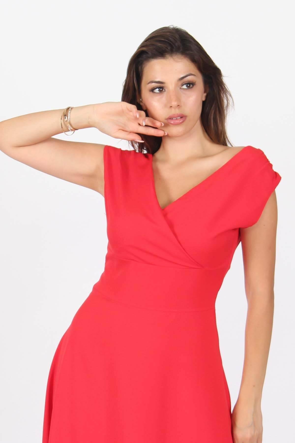 Neşeli Butik Kadın omuz detaylı kayık yaka uzun abiye elbise NB8076 