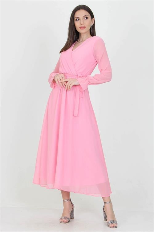 Neşeli Butik Kadın Pudra Yeni Sezon Astarlı Kruvaze Yaka Uzun Şifon Elbise NB003 