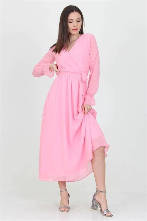 Neşeli Butik Kadın Pudra Yeni Sezon Astarlı Kruvaze Yaka Uzun Şifon Elbise NB003 