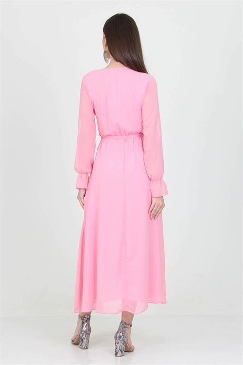 Neşeli Butik Kadın Pudra Yeni Sezon Astarlı Kruvaze Yaka Uzun Şifon Elbise NB003 