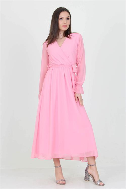 Neşeli Butik Kadın Pudra Yeni Sezon Astarlı Kruvaze Yaka Uzun Şifon Elbise NB003 