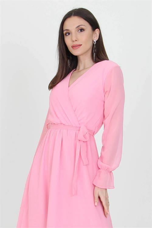 Neşeli Butik Kadın Pudra Yeni Sezon Astarlı Kruvaze Yaka Uzun Şifon Elbise NB003 