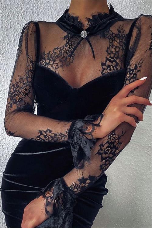 Neseli butik kadın siyah yaka detaylı kadife elbise NBEMP2144