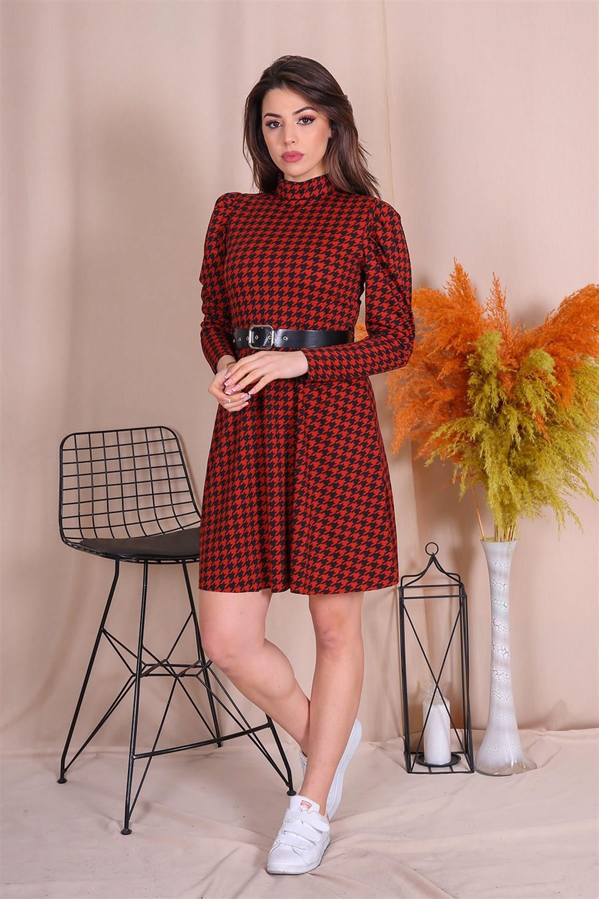 Neşeli Butik Kadın Yarım Balıkçı Kol Ve Kemer Detaylı Yeni Sezon Kışlık Elbise NB7156 