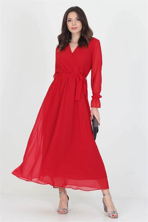 Neşeli Butik Kadın Yeni Sezon Astarlı Kruvaze Yaka Uzun Şifon Elbise NB003 