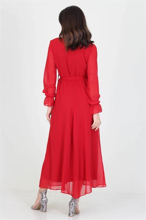 Neşeli Butik Kadın Yeni Sezon Astarlı Kruvaze Yaka Uzun Şifon Elbise NB003 