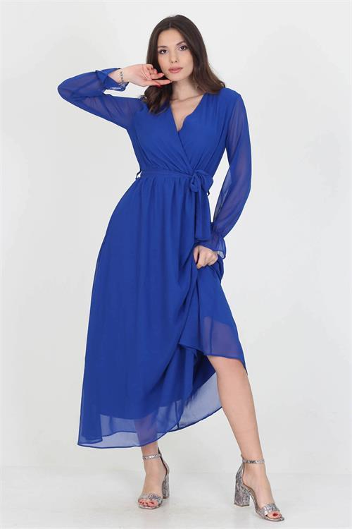 Neşeli Butik Kadın Yeni Sezon Astarlı Kruvaze Yaka Uzun Şifon Elbise NB003 