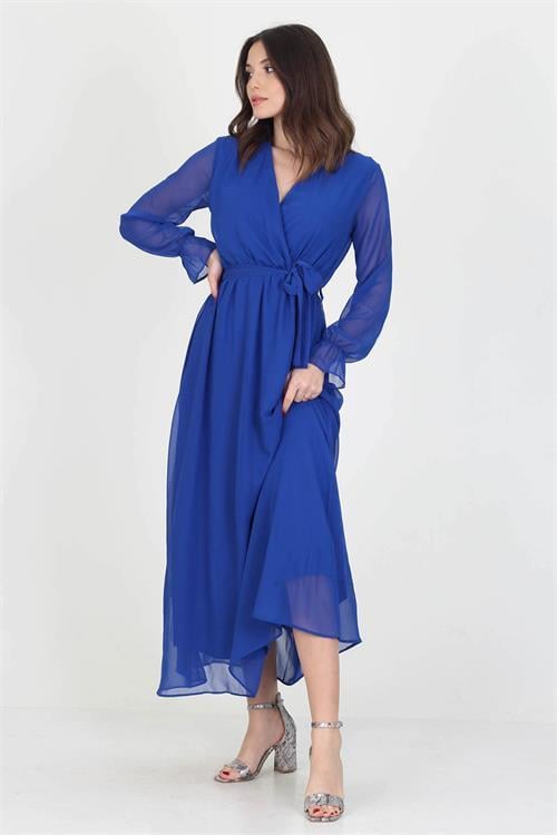 Neşeli Butik Kadın Yeni Sezon Astarlı Kruvaze Yaka Uzun Şifon Elbise NB003 