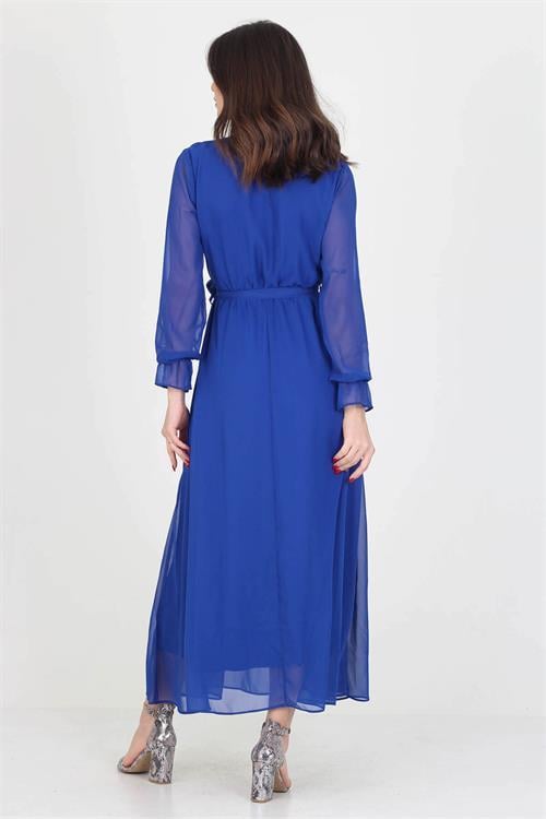 Neşeli Butik Kadın Yeni Sezon Astarlı Kruvaze Yaka Uzun Şifon Elbise NB003 