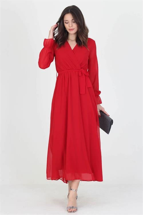 Neşeli Butik Kadın Yeni Sezon Astarlı Kruvaze Yaka Uzun Şifon Elbise NB003 