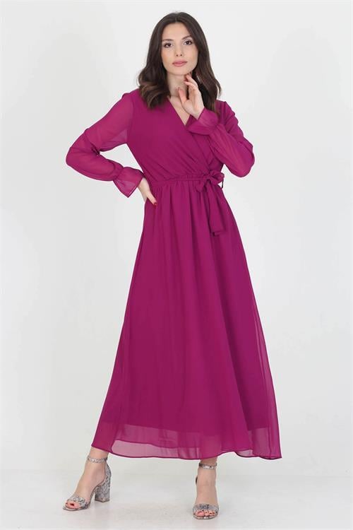 Neşeli Butik Kadın Yeni Sezon Astarlı Kruvaze Yaka Uzun Şifon Elbise NB003 