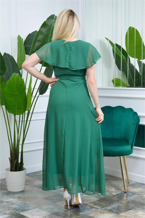 Neşeli Butik Kadın Yeşil Kruvaze Yaka Bağlama Detaylı Uzun Şifon Elbise NB0001 