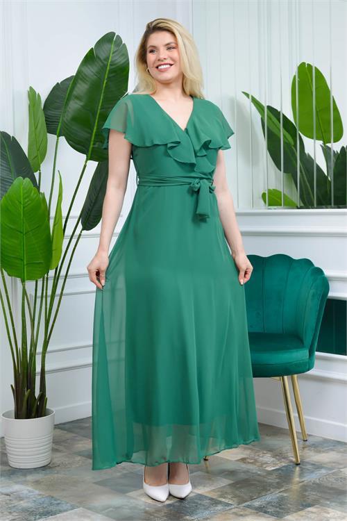Neşeli Butik Kadın Yeşil Kruvaze Yaka Bağlama Detaylı Uzun Şifon Elbise NB0001 
