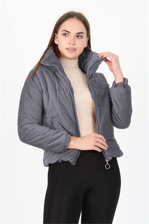 Neşeli Butik Kadın Yüksek Yaka Fermuar Detaylı Cepli Kışlık Kadife Mont NB7154 