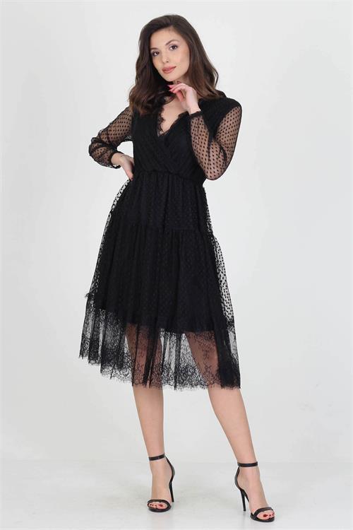 Neseli butik kruvaze yaka eteği güpür detaylı yeni sezon elbise NB0010 