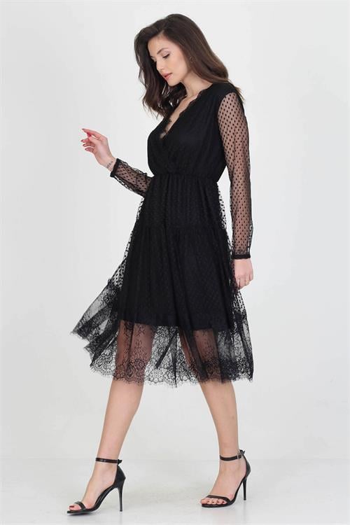 Neseli butik kruvaze yaka eteği güpür detaylı yeni sezon elbise NB0010 