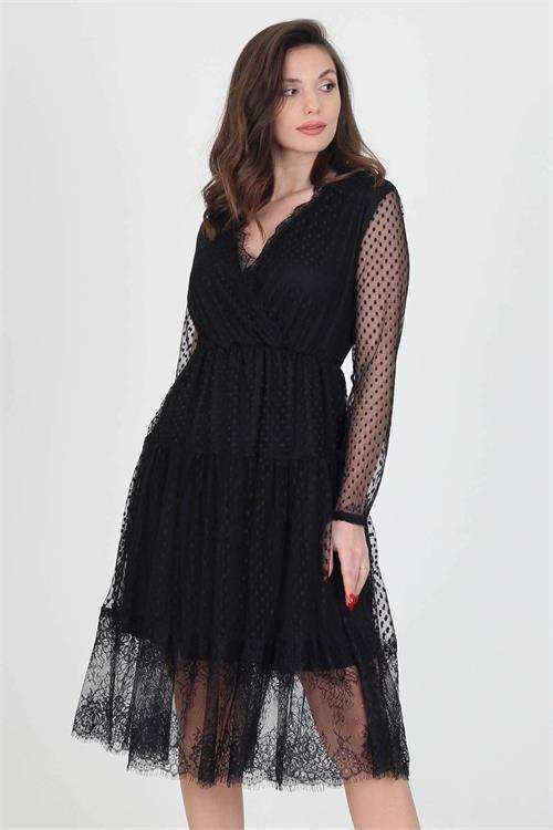 Neseli butik kruvaze yaka eteği güpür detaylı yeni sezon elbise NB0010 